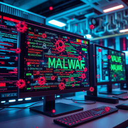 A visually striking representation of a computer screen displaying a chaotic array of colorful malware code and viruses, with digital symbols and circuit patterns in the background