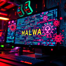 A visually striking representation of a computer screen displaying a chaotic array of colorful malware code and viruses, with digital symbols and circuit patterns in the background