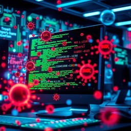 A visually striking representation of a computer screen displaying a chaotic array of colorful malware code and viruses, with digital symbols and circuit patterns in the background