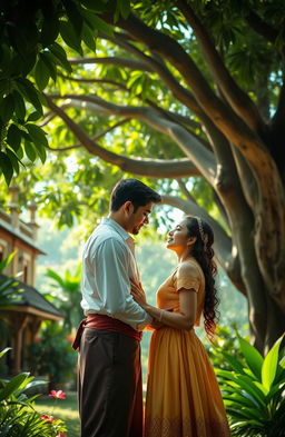 A romantic narrative set during the colonial period, featuring a young couple from diverse backgrounds, portrayed in an idyllic, lush tropical setting