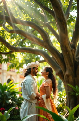 A romantic narrative set during the colonial period, featuring a young couple from diverse backgrounds, portrayed in an idyllic, lush tropical setting