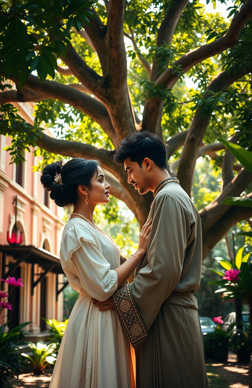 A romantic narrative set during the colonial period, featuring a young couple from diverse backgrounds, portrayed in an idyllic, lush tropical setting