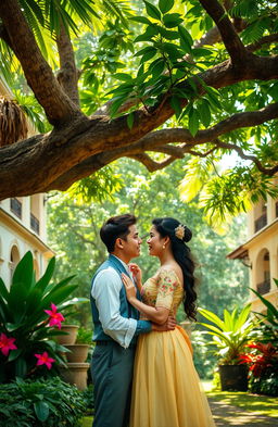 A romantic narrative set during the colonial period, featuring a young couple from diverse backgrounds, portrayed in an idyllic, lush tropical setting
