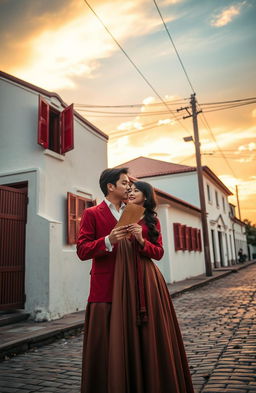 An artistic representation of love during the Dutch colonial period in Indonesia, featuring a romantic couple dressed in traditional attire from the era