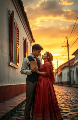 An artistic representation of love during the Dutch colonial period in Indonesia, featuring a romantic couple dressed in traditional attire from the era