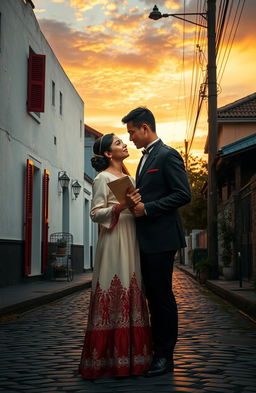 An artistic representation of love during the Dutch colonial period in Indonesia, featuring a romantic couple dressed in traditional attire from the era