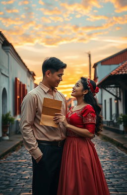 An artistic representation of love during the Dutch colonial period in Indonesia, featuring a romantic couple dressed in traditional attire from the era