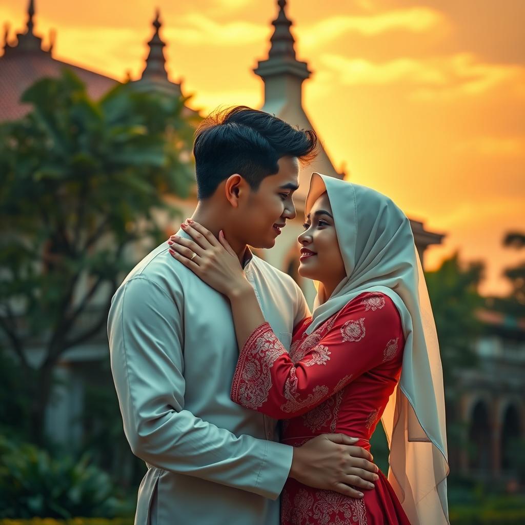 A depiction of love during the Dutch colonial era in Indonesia, showcasing a couple in traditional attire from the time, entwined in a heartfelt embrace