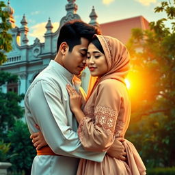 A depiction of love during the Dutch colonial era in Indonesia, showcasing a couple in traditional attire from the time, entwined in a heartfelt embrace