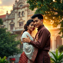 A depiction of love during the Dutch colonial era in Indonesia, showcasing a couple in traditional attire from the time, entwined in a heartfelt embrace