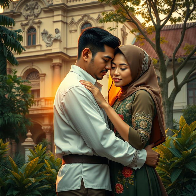 A depiction of love during the Dutch colonial era in Indonesia, showcasing a couple in traditional attire from the time, entwined in a heartfelt embrace