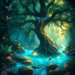 A mystical and vibrant forest teeming with luminescent plants and a flowing river of crystal-clear water