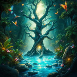 A mystical and vibrant forest teeming with luminescent plants and a flowing river of crystal-clear water