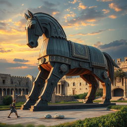 A visually striking representation of a Trojan horse, intricately designed and artistically rendered