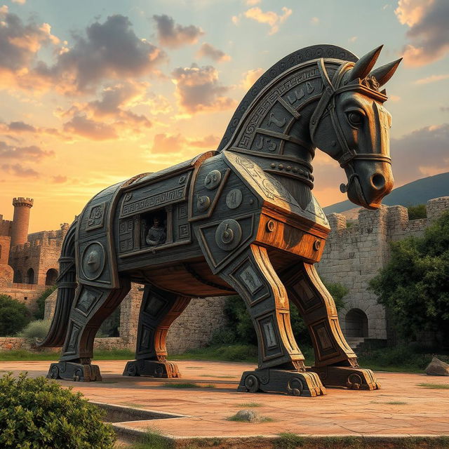 A visually striking representation of a Trojan horse, intricately designed and artistically rendered