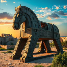 A visually striking representation of a Trojan horse, intricately designed and artistically rendered