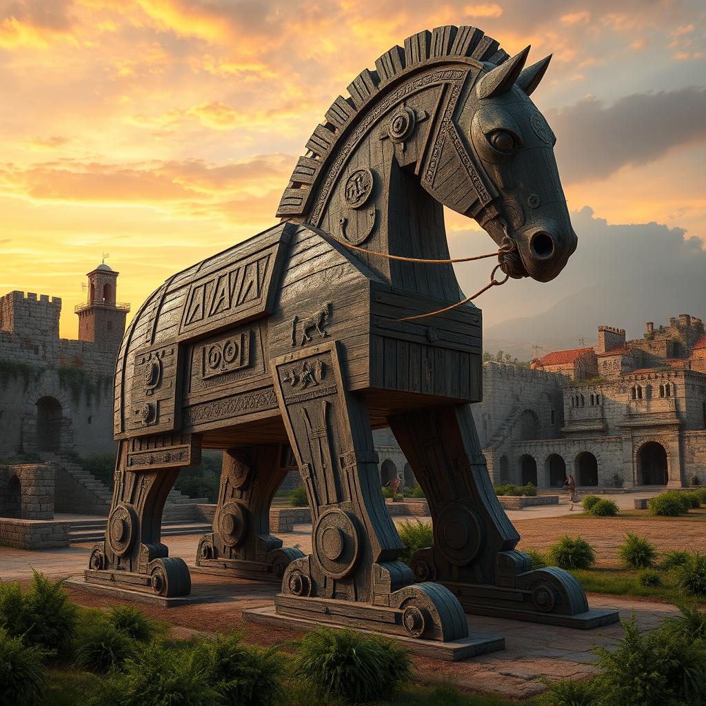 A visually striking representation of a Trojan horse, intricately designed and artistically rendered