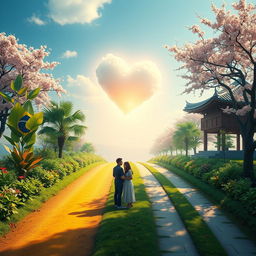 An artistic representation of a love triangle involving a Brazilian woman and two Korean men, without depicting any characters