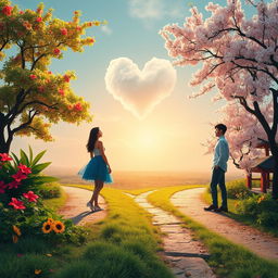 An artistic representation of a love triangle involving a Brazilian woman and two Korean men, without depicting any characters