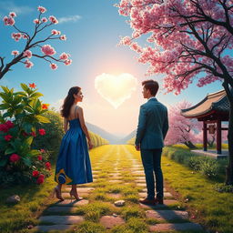 An artistic representation of a love triangle involving a Brazilian woman and two Korean men, without depicting any characters