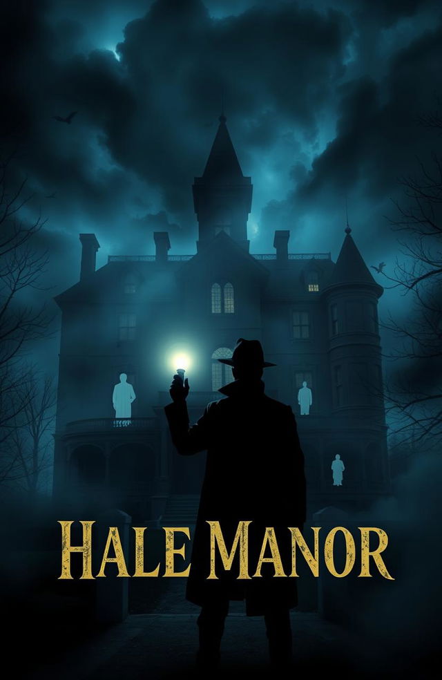 A dark, atmospheric representation of a Victorian mansion named Hale Manor, shrouded in thick mist, with ominous stormy skies swirling overhead