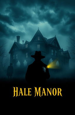 A dark, atmospheric representation of a Victorian mansion named Hale Manor, shrouded in thick mist, with ominous stormy skies swirling overhead