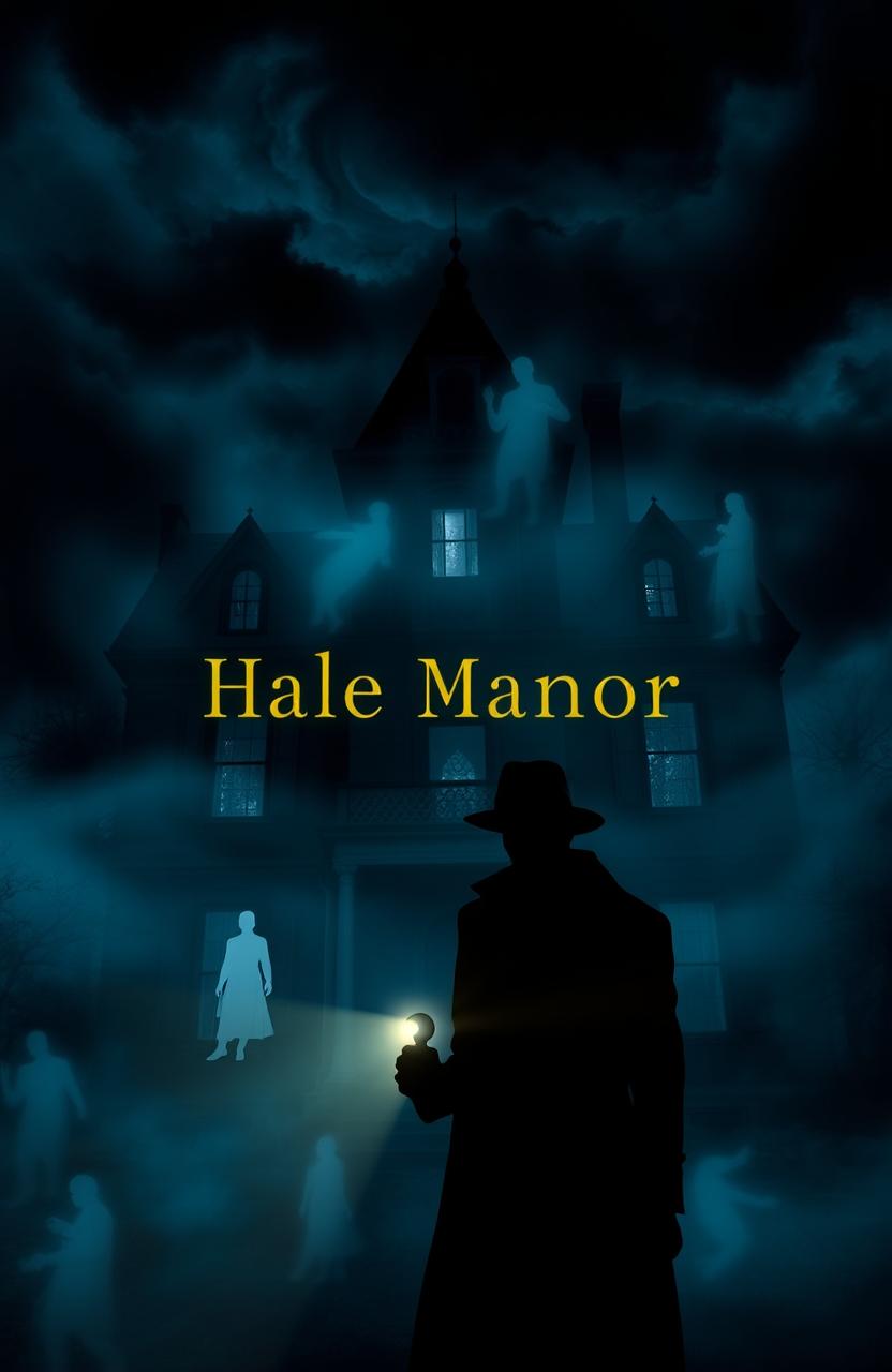 A dark, atmospheric representation of a Victorian mansion named Hale Manor, shrouded in thick mist, with ominous stormy skies swirling overhead