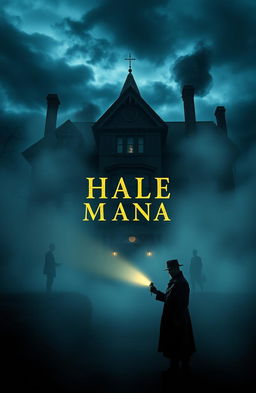 A dark, atmospheric representation of a Victorian mansion named Hale Manor, shrouded in thick mist, with ominous stormy skies swirling overhead