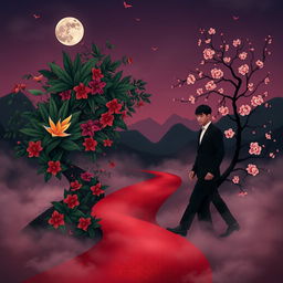 An abstract and seductive representation of a love triangle involving a Brazilian woman and two Korean men, depicted through symbolic elements rather than characters
