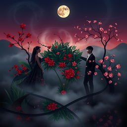 An abstract and seductive representation of a love triangle involving a Brazilian woman and two Korean men, depicted through symbolic elements rather than characters