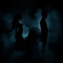 An abstract and mysterious representation of a love triangle featuring the silhouettes of a Brazilian woman and two Korean men, crafted in a seductive and enigmatic style