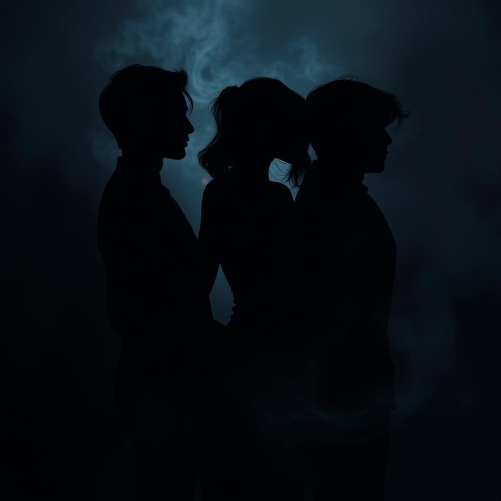 An abstract and mysterious representation of a love triangle featuring the silhouettes of a Brazilian woman and two Korean men, crafted in a seductive and enigmatic style