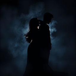 An abstract and mysterious representation of a love triangle featuring the silhouettes of a Brazilian woman and two Korean men, crafted in a seductive and enigmatic style