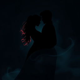 An abstract and mysterious representation of a love triangle featuring the silhouettes of a Brazilian woman and two Korean men, crafted in a seductive and enigmatic style