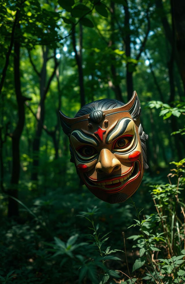 A mysterious Japanese forest in summer, showcasing vibrant greenery and dappled sunlight filtering through the leaves