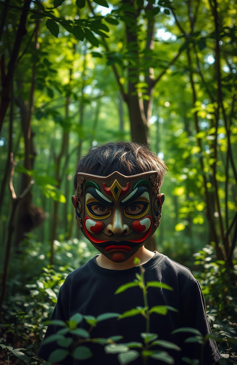 A mysterious Japanese forest in summer, showcasing vibrant greenery and dappled sunlight filtering through the leaves