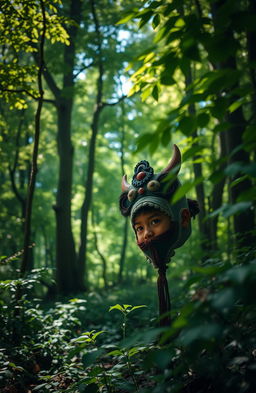 A mysterious Japanese forest in summer, showcasing vibrant greenery and dappled sunlight filtering through the leaves