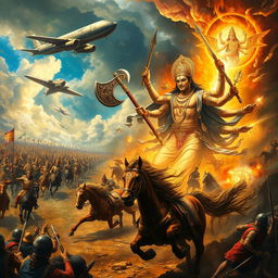 A dramatic and epic painting depicting the Battle of Gaugamela, showcasing two distinct armies