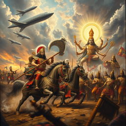 A dramatic and epic painting depicting the Battle of Gaugamela, showcasing two distinct armies