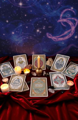 A mystical and enchanting tarot card spread featuring intricate and beautifully illustrated cards