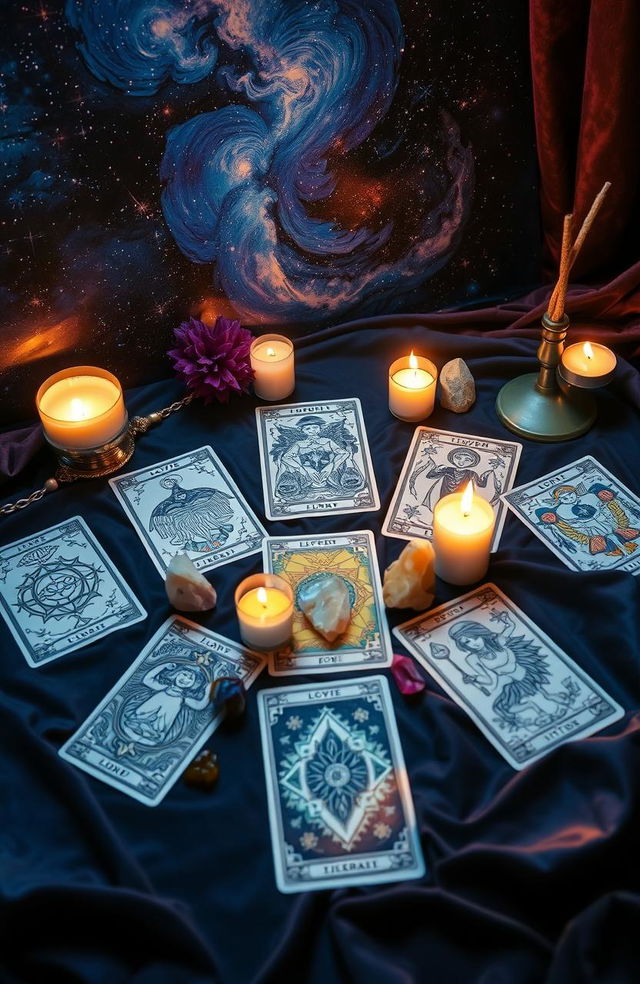 A mystical and enchanting tarot card spread featuring intricate and beautifully illustrated cards