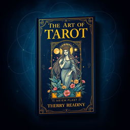 A captivating book cover design for a tarot guide, featuring a central illustration of a mystical tarot card, the Empress, adorned with lush plants and flowers