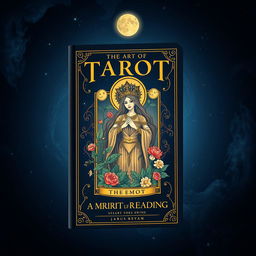 A captivating book cover design for a tarot guide, featuring a central illustration of a mystical tarot card, the Empress, adorned with lush plants and flowers