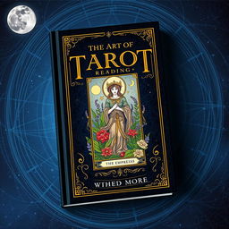 A captivating book cover design for a tarot guide, featuring a central illustration of a mystical tarot card, the Empress, adorned with lush plants and flowers