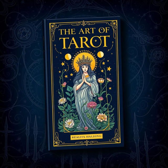 A captivating book cover design for a tarot guide, featuring a central illustration of a mystical tarot card, the Empress, adorned with lush plants and flowers