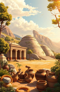 An illustrated depiction of the Vergina site in Macedonia, featuring the iconic royal tombs and historical artifacts such as ornate golden wreaths and ancient pottery