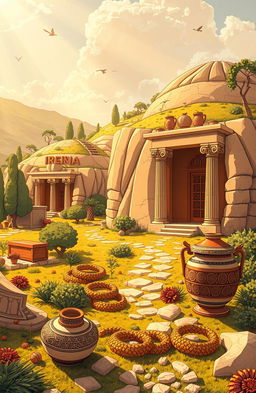 An illustrated depiction of the Vergina site in Macedonia, featuring the iconic royal tombs and historical artifacts such as ornate golden wreaths and ancient pottery