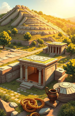 An illustrated depiction of the Vergina site in Macedonia, featuring the iconic royal tombs and historical artifacts such as ornate golden wreaths and ancient pottery