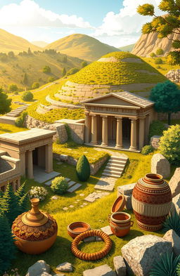 An illustrated depiction of the Vergina site in Macedonia, featuring the iconic royal tombs and historical artifacts such as ornate golden wreaths and ancient pottery