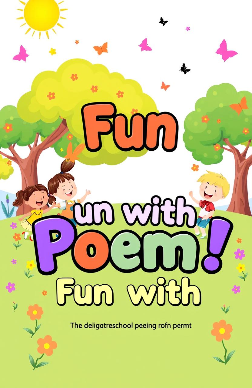 A delightful and colorful preschool poem book cover featuring a whimsical illustration of a group of joyful preschool kids playing in a sunny park with trees, flowers, and butterflies